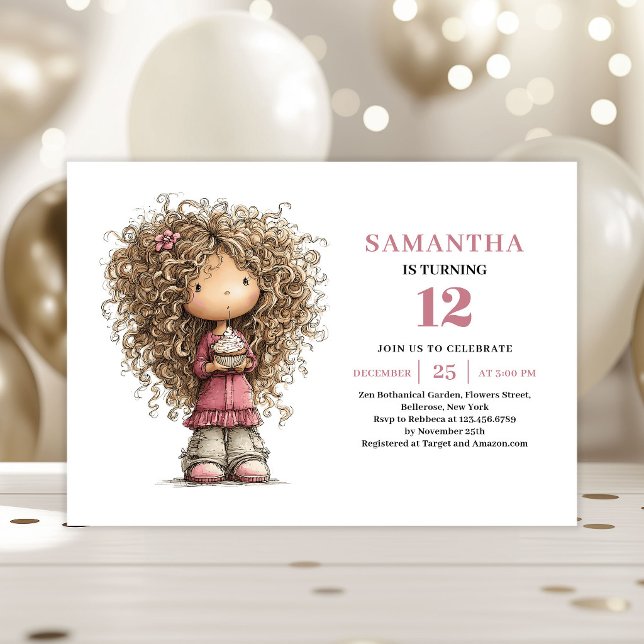 Convite de Aniversário Caprichoso Menina Rosa Digi (Whimsical Birthday Invitation Girl Pink Digital Download)