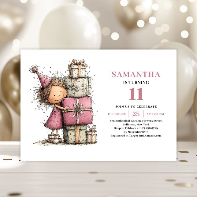 Convite de Aniversário Caprichoso para Menina de 1 (Whimsical Girl 11th Birthday Invite Printable)