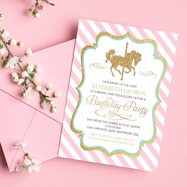 Convite de Aniversário Carousel Rosa Verde Dourado (Criador carregado)