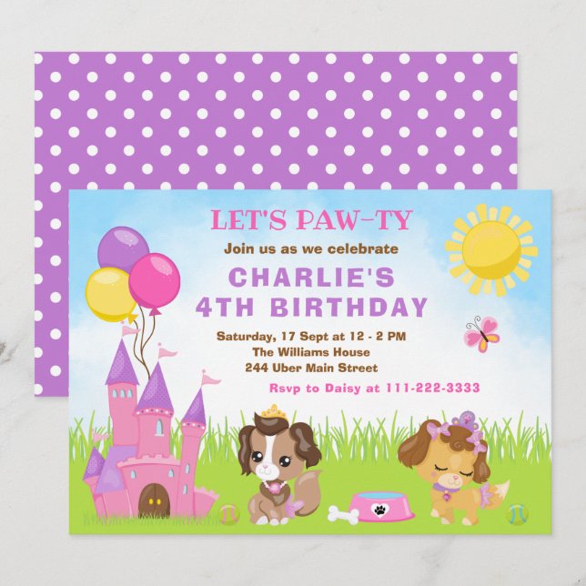 Convite de Aniversário Castelo Rosa Cachorrinhos (Frente/Verso)