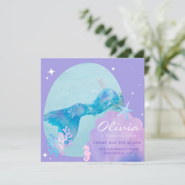 Convite de Aniversário Cauda de Sereia Meninas Sob (Em pé/Frente)