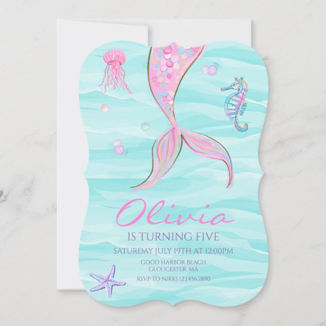 Convite de Aniversário Cauda de Sereia Sob o Mar (Frente)