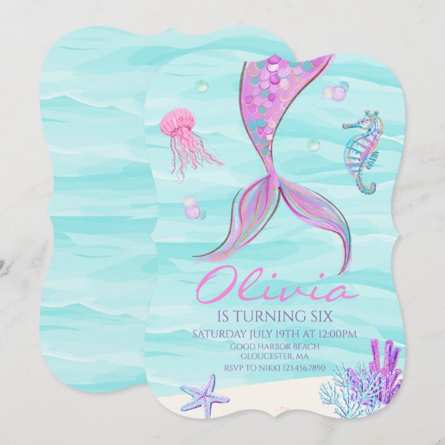 Convite de Aniversário Cauda de Sereia Sob o Mar (Frente/Verso)