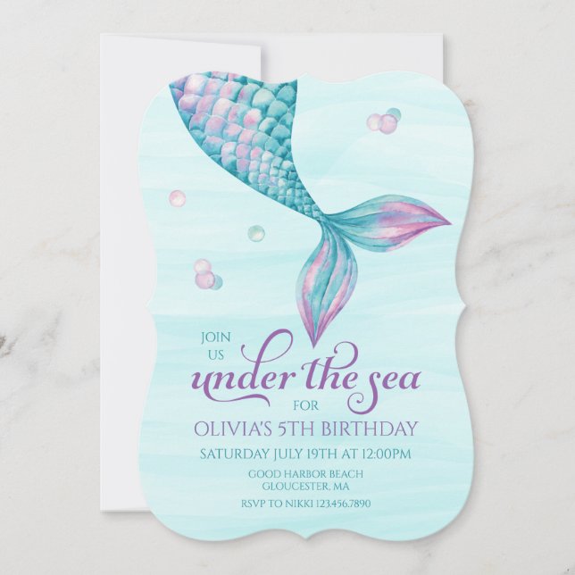 Convite de Aniversário Cauda de Sereia Sob o Mar (Frente)