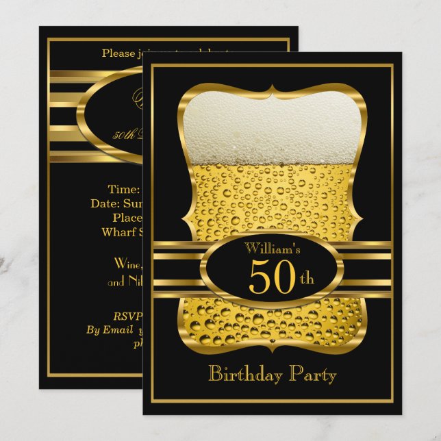 Convite de Aniversário Cerveja Preto Dourado (Frente/Verso)