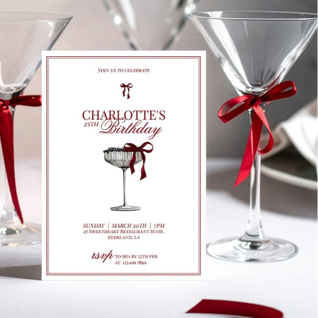 Convite de Aniversário Champanhe com Laço Vermelho (Criador carregado)