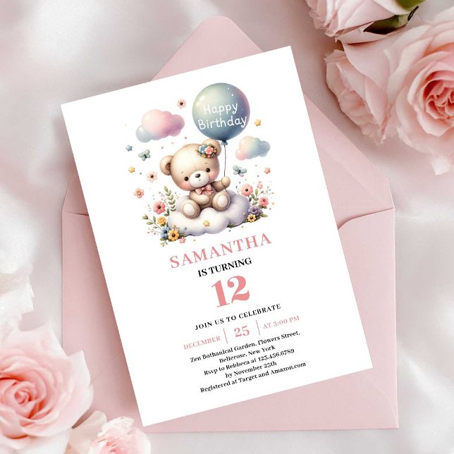 Convite de aniversário charmoso de urso de pelúcia (Charming teddy bear floral balloon birthday invitation

)
