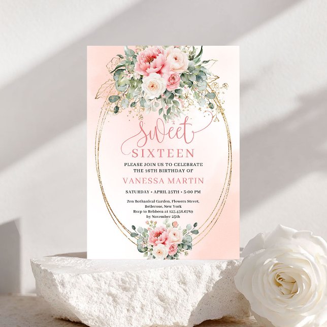 Convite de Aniversário Chic Minimal Blush Gold Swe (Chic Minimal Blush Gold Sweet 16 Birthday Invite)