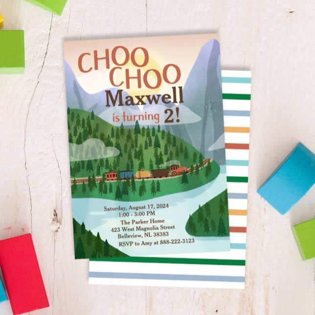 Convite de aniversário Choo Train (Choo Choo Train Birthday Invitation with a Mountain Theme)