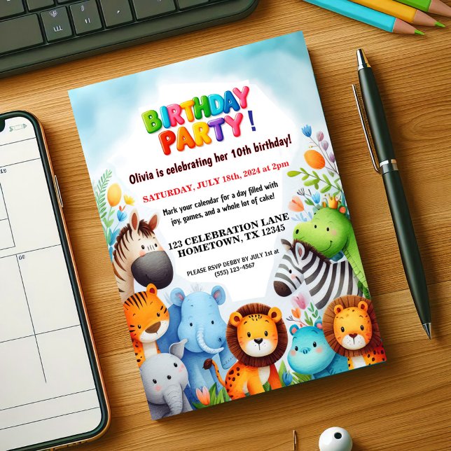 Convite de aniversário Colorida de Zoológicos (Criador carregado)