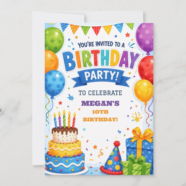 Convite de Aniversário Colorido com Bolo e Balões  (Frente)
