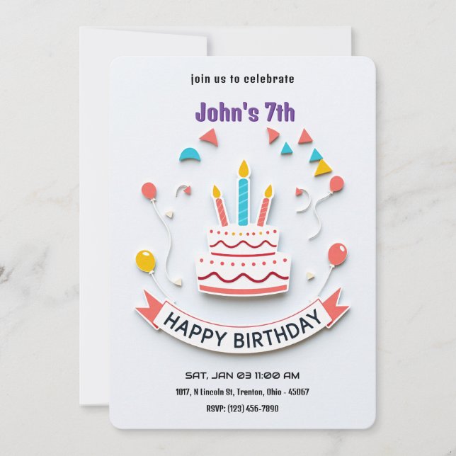 Convite de aniversário colorido com faixa (Frente)