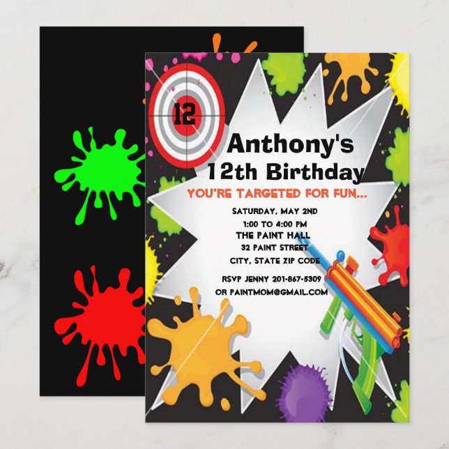 Convite de aniversário colorido do Paintball (Frente/Verso)