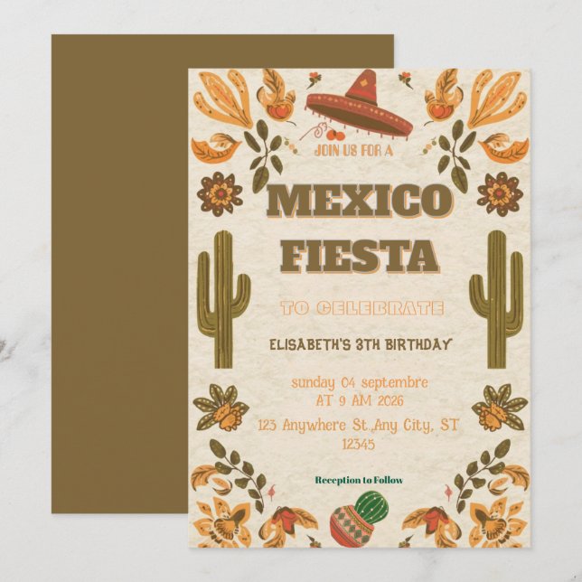 Convite de Aniversário Colorido Fiesta Mexicana (Frente/Verso)