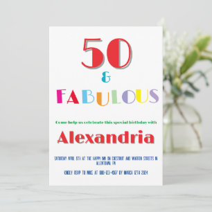 Convite de Aniversário Colorido Moderno 50 & Fabul