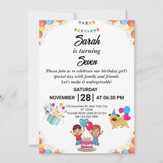 Convite de aniversário Colorido Personalizável (Frente)