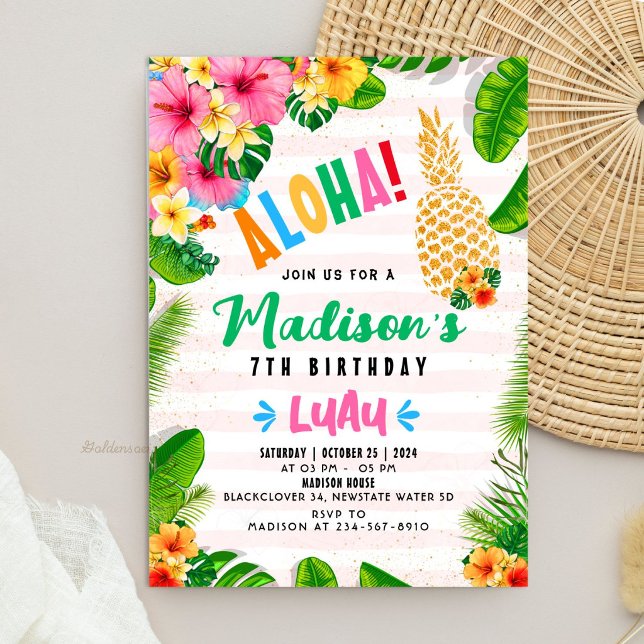 Convite de Aniversário com Abacaxi Havaiano Aloha (Aloha Hawaiian Pineapple Birthday Party Invitation)