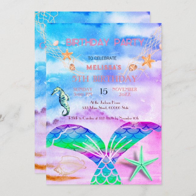 Convite de Aniversário com Animais Marinhos em Aqu (Frente/Verso)