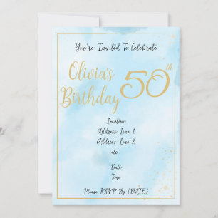 Convite de Aniversário com Aquarela Azul e Borda D