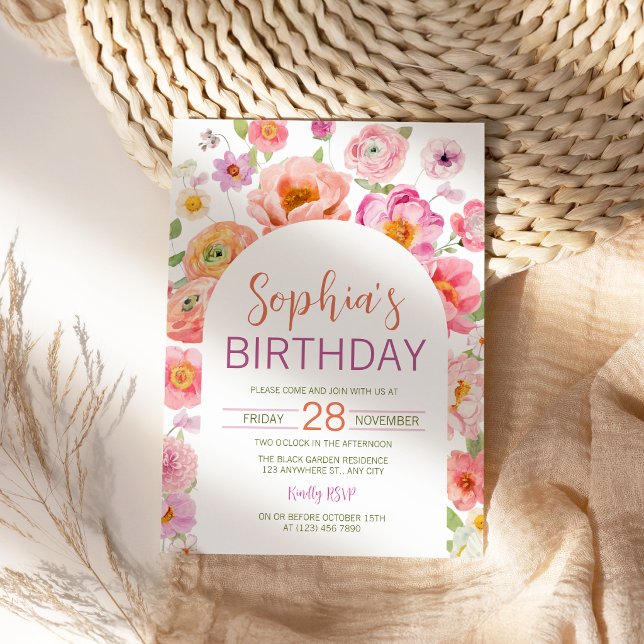 Convite de Aniversário com Arco de Florais em Aqua (Watercolor Floral Arch Frame Birthday Party Invitation)