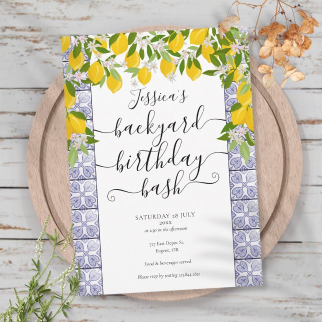 Convite de Aniversário com Azulejos de Folhagem de (Lemons Greenery Tiles Script Birthday Party Invitation)