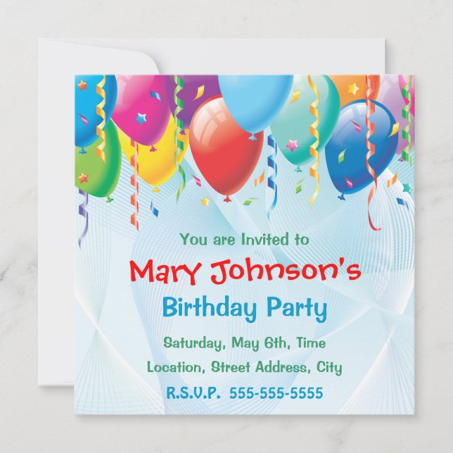 Convite de Aniversário com Balões Coloridos (Frente)