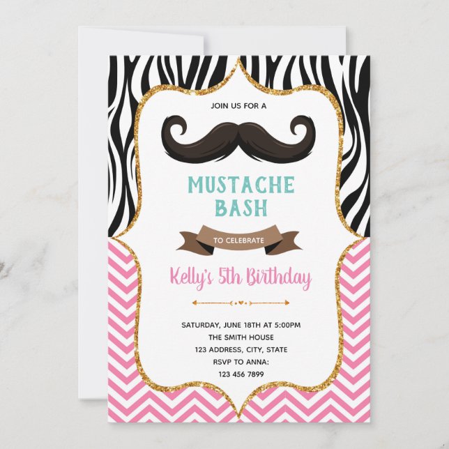 Convite de aniversário com bigode rosa (Frente)