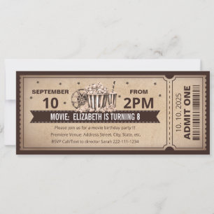 Convite de aniversário com bilhete de cinema retrô