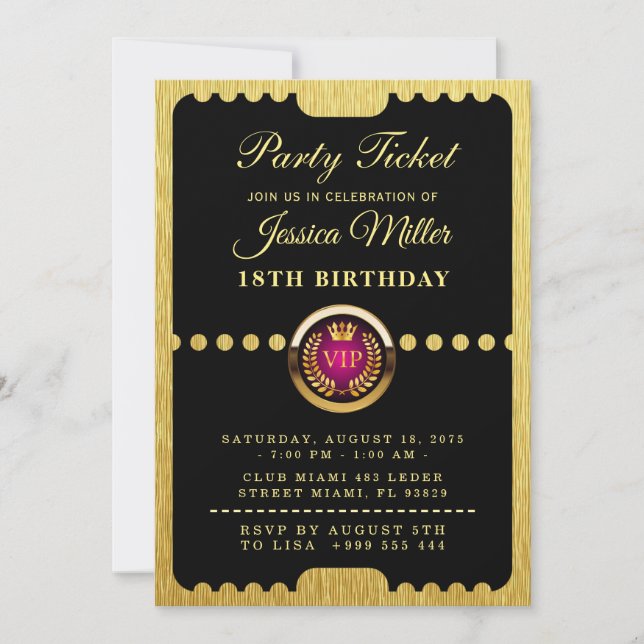 Convite de Aniversário com Bilhete de Festa VIP (Frente)