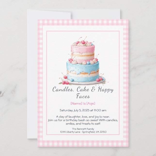 Convite de Aniversário com Bolo de Aquarela – rosa (Frente)