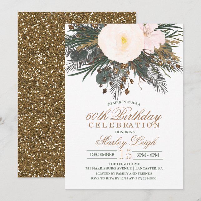 Convite de Aniversário com Brilho Floral de Invern (Frente/Verso)