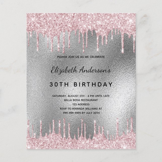 Convite de aniversário com brilho prateado e rosa  (Frente)