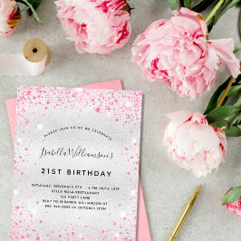 Convite de aniversário com brilho prateado e rosa