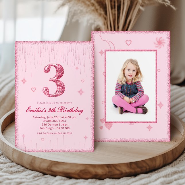 Convite de aniversário com brilho rosa 3º aniversá (Criador carregado)