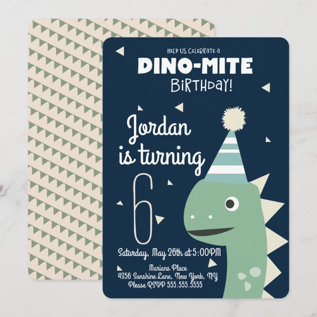 Convite de Aniversário com Confetes do Dinossauro  (Frente/Verso)