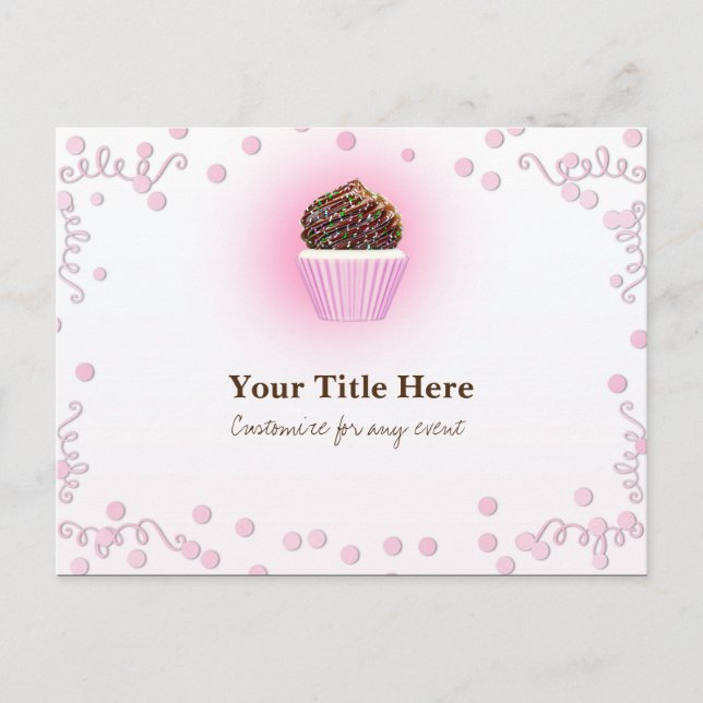 Convite de Aniversário com Confetes e Cupcake Rosa (Frente)