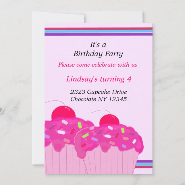 Convite de Aniversário com Cupcakes Rosa (Frente)
