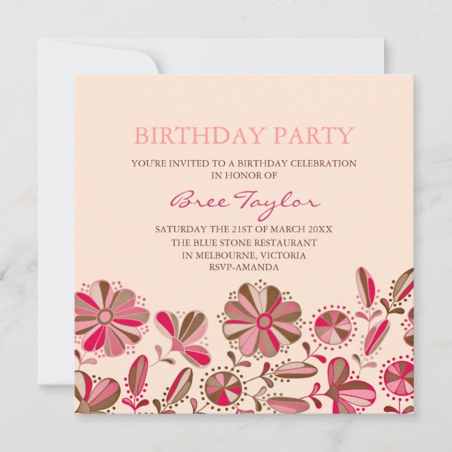 Convite de Aniversário com Design de Flor Retro Ro (Frente)