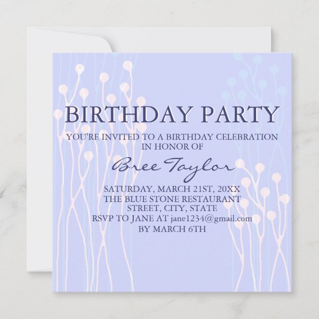 Convite de Aniversário com Design de Galho Azul e  (Frente)