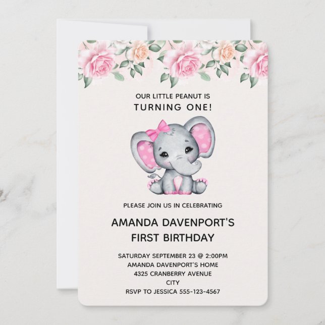 Convite de Aniversário com Elefante Rosa e Bordadu (Frente)