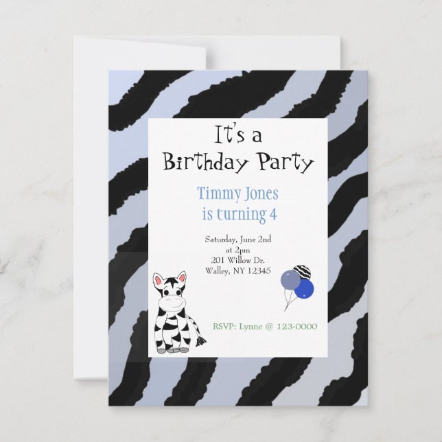 Convite de Aniversário com Estampa de Zebra (Frente)