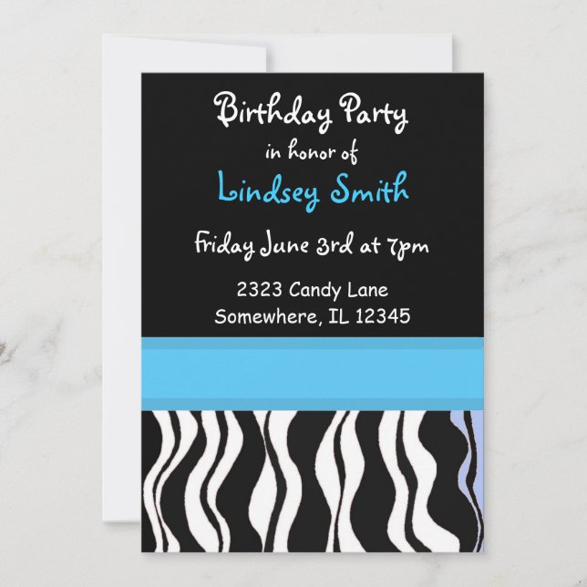 Convite de Aniversário com Estampa de Zebra Azul e (Frente)