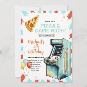 Convite de aniversário com fliperama e pizza