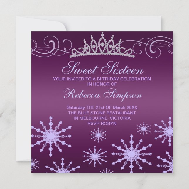 Convite de Aniversário com Floco de Neve Roxo & De (Frente)