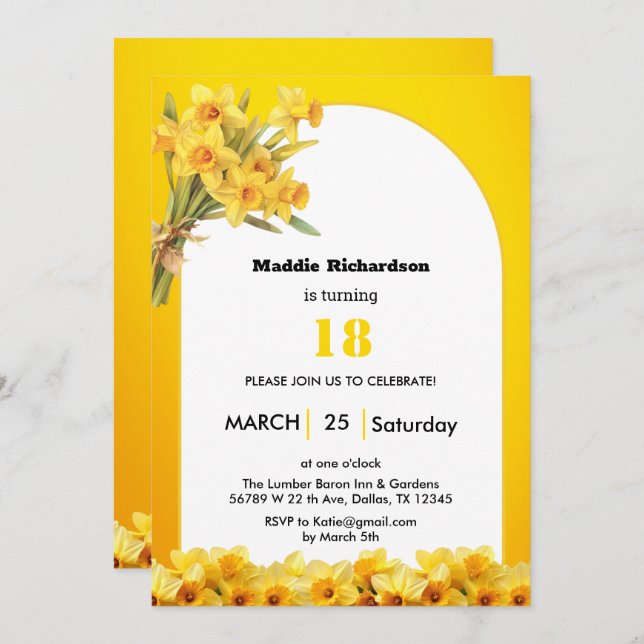 Convite de aniversário com Flor de Narciso de Març (Frente/Verso)