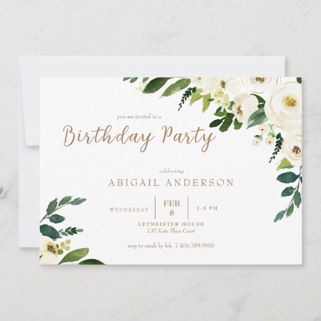 Convite de Aniversário com Flores Brancas Caindo (Frente)