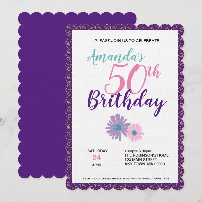 Convite de Aniversário com Flores Rosa e Roxas e E (Frente/Verso)