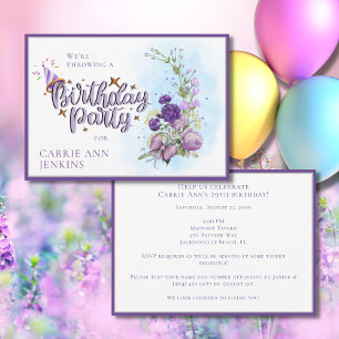 Convite de Aniversário com Flores Roxas