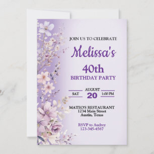 Convite de Aniversário com Flores Roxas Lindas