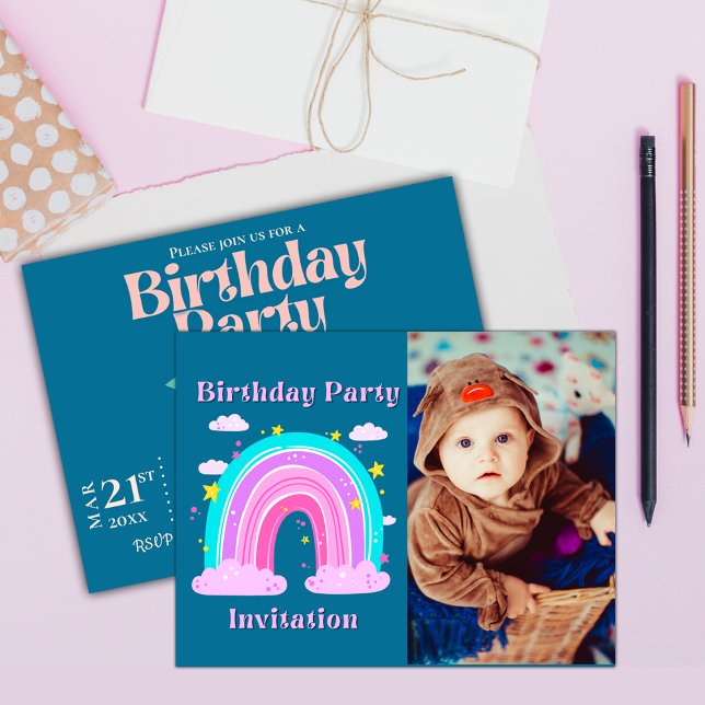 Convite de Aniversário com Foto Arco-íris Azul Ros (Unicorn Rainbow Photo Birthday Party Invitation Postcard)